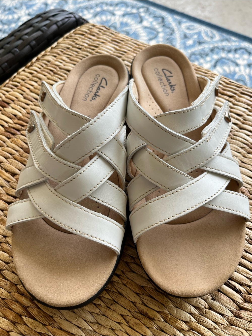 Clarks White Crisscross Leather Slip-On Sandals